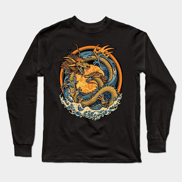 Vintage Japanese Dragon Sun Tattoo Design Long Sleeve T-Shirt by laverdeden